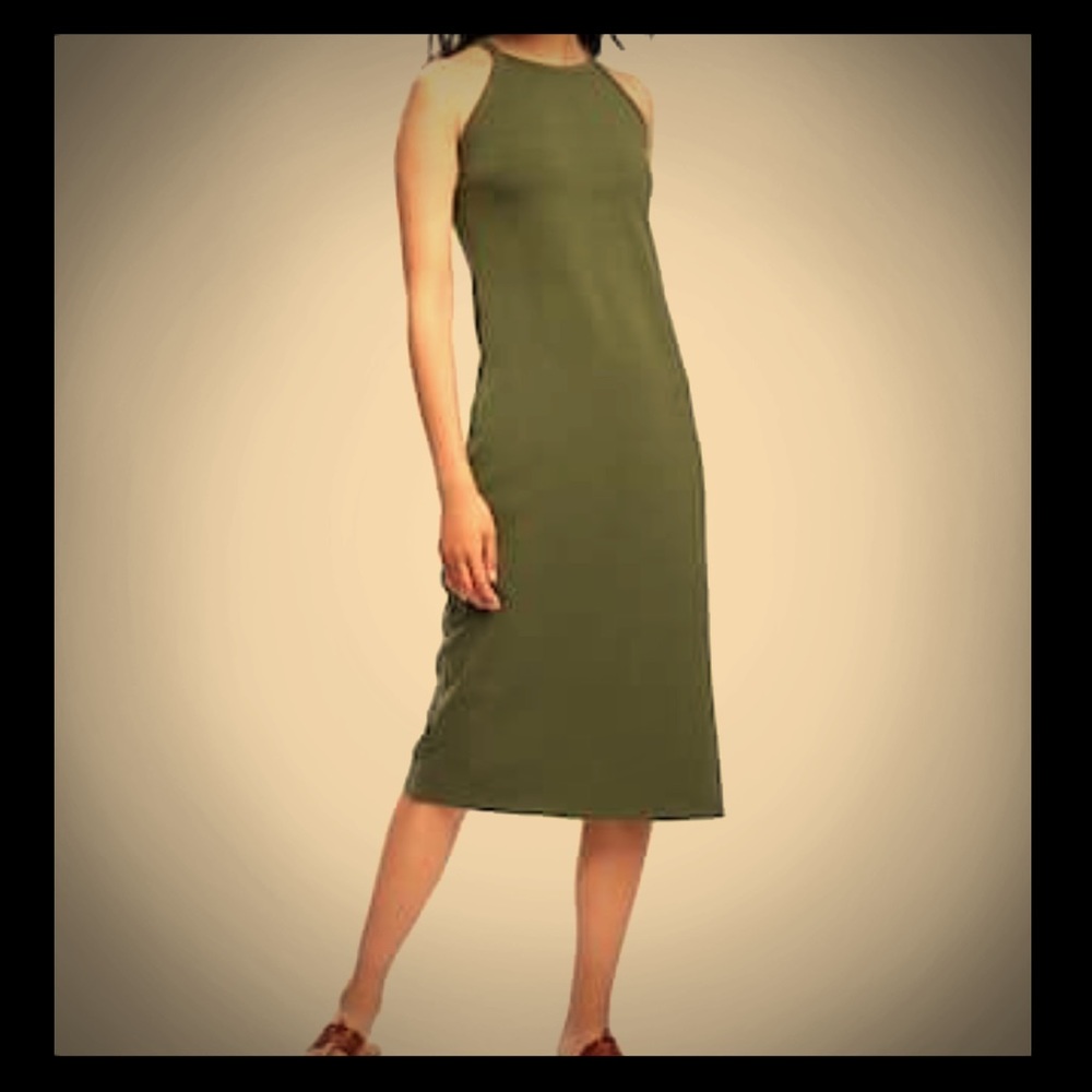 High Neck Side Slit Green Midi Dress